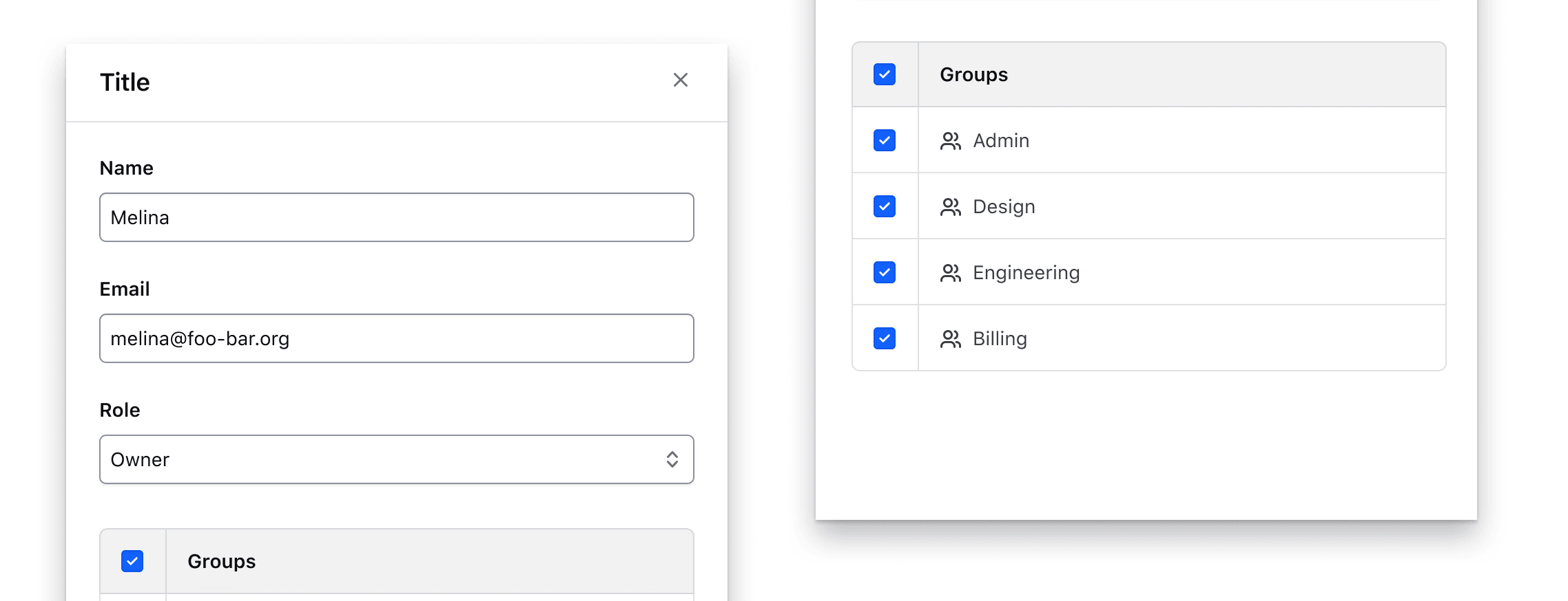 Flyout with a form to create a new user and assign them to groups, which includes a table with checkboxes for each group.