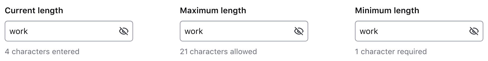 A workspace name input with the text "work" entered. If the character count is showing current length, it reads "4 characters entered". If maximum length, it reads "21 characters remaining". If minimum length, it reads "1 character remaining".