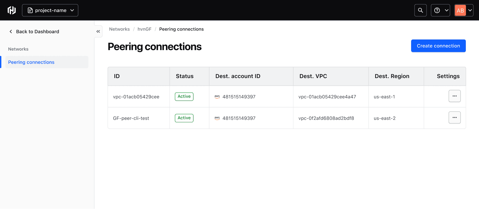 Peering connections heading with a "Create connection" button right aligned to the container. A table of peering connections below.