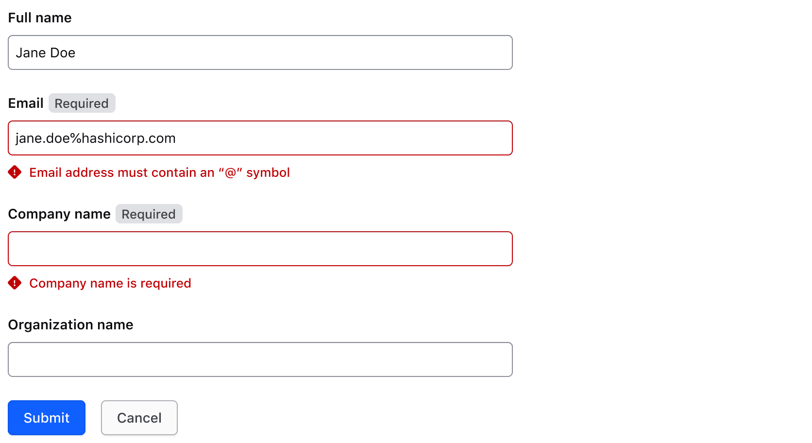 Example of field-level validation on two fields in a form